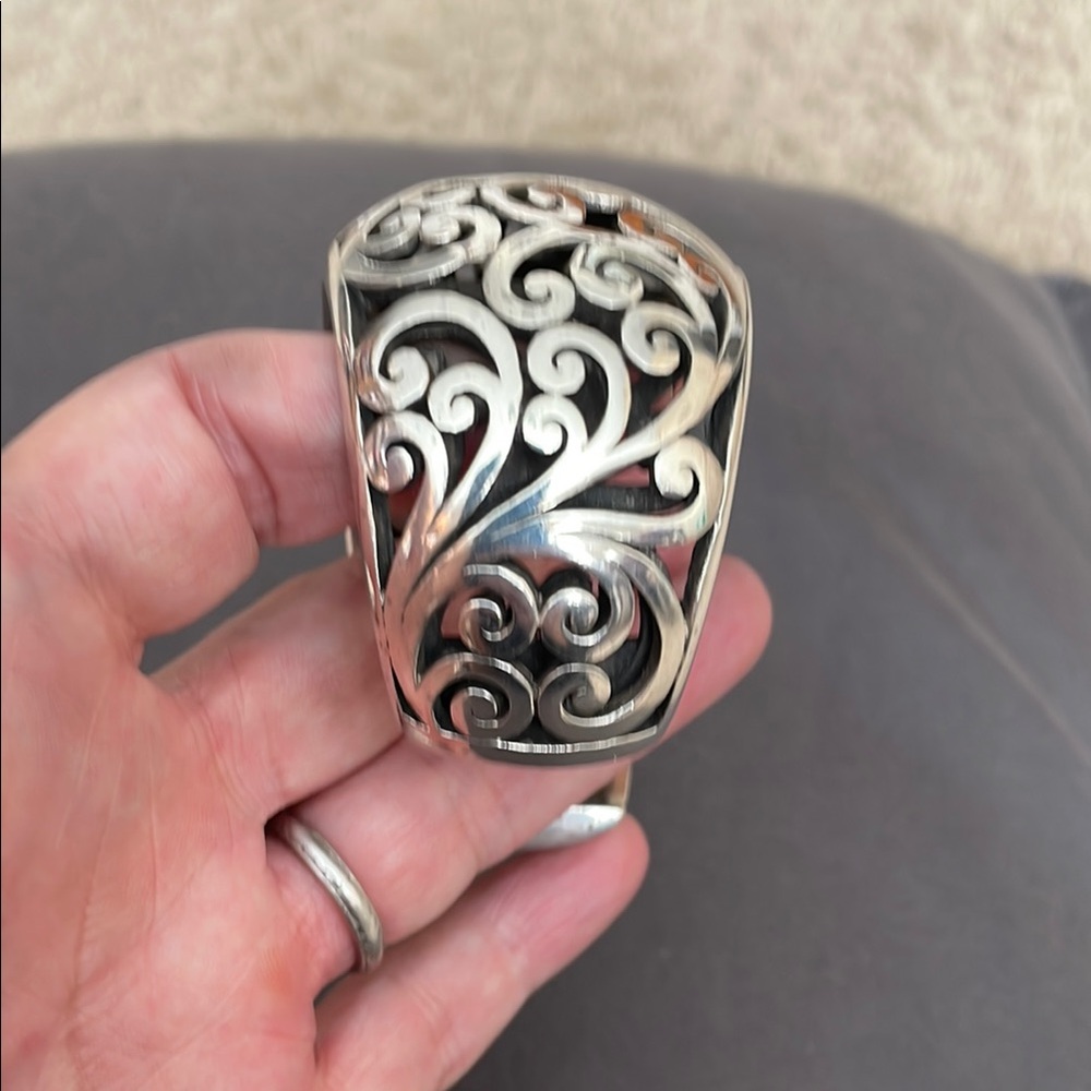 Auth Lois Hill Sterling Silver 925 Filagree Scroll Cage Wide Cuff Bracelet 185g - Picture 3 of 9